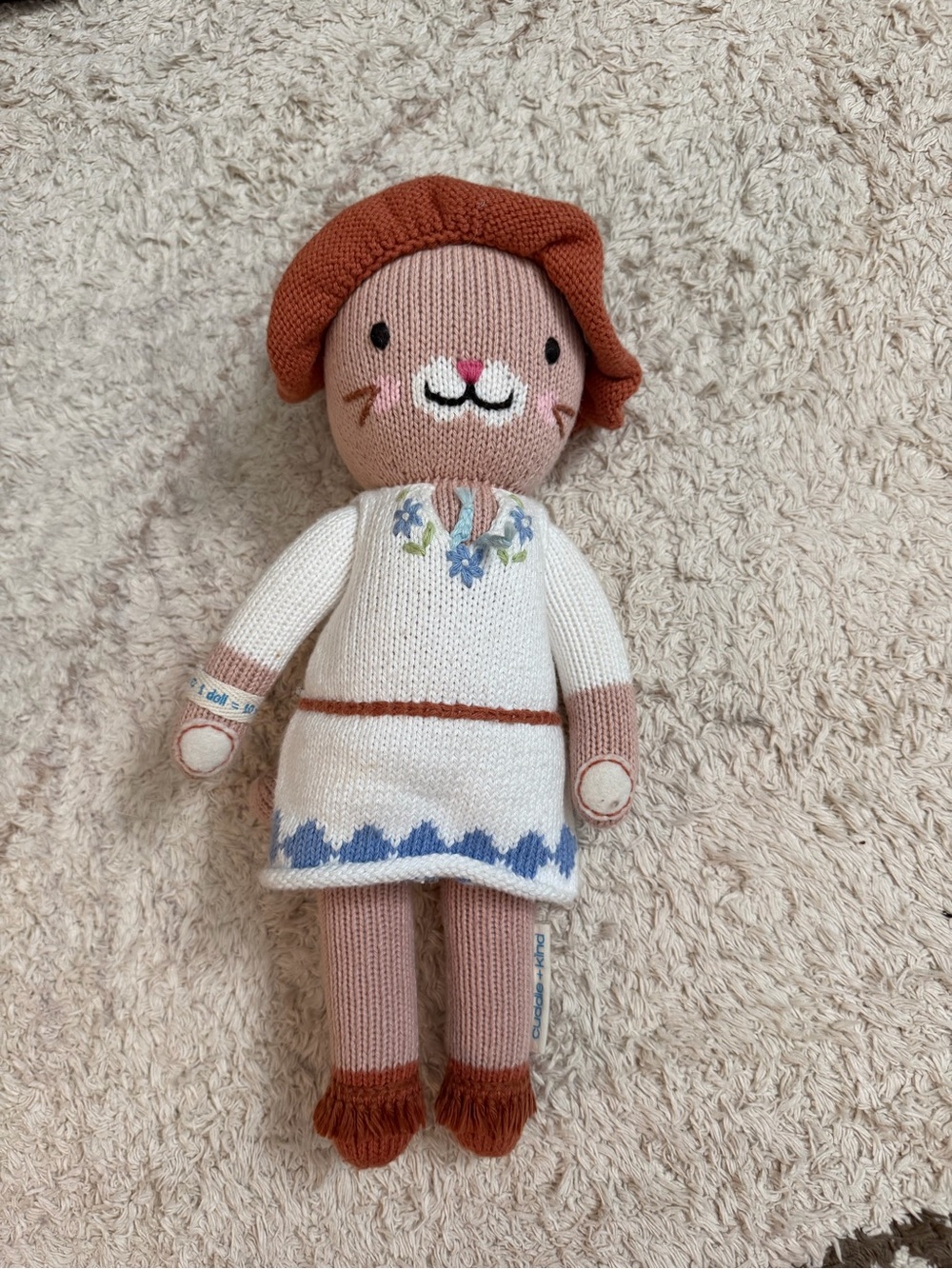 Cuddle + Kind Knit Pink Cat Doll with Cream Dress and Rust Hat